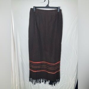 Wool Blend Vintage Dressbarn Chocolate Maxi Skirt- Slit Fringe Tribal Aztec Trim